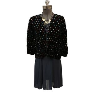 VINTAGE velvet black blazer multicolor polka dots 3/4 sleeves cropped S